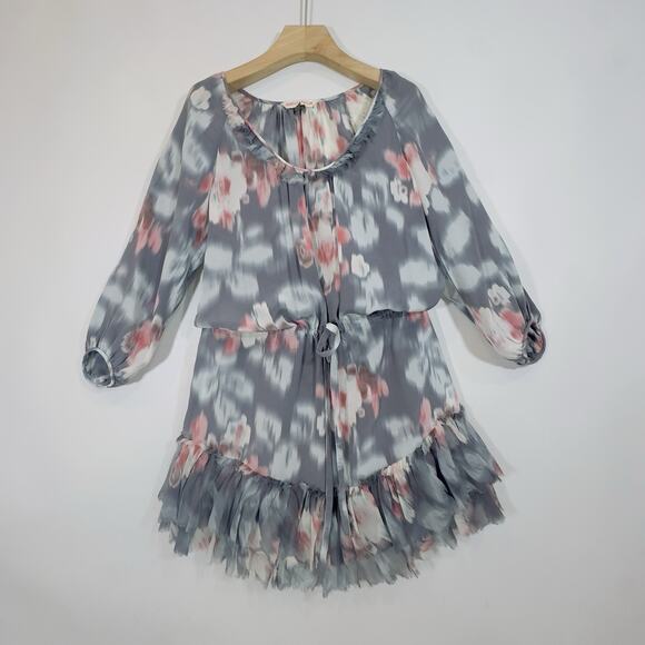 Rebecca Taylor Silk Floral Ruffle Hem Dress Gray Pink Tie Waist Long Sleeve 100% - Picture 2 of 15